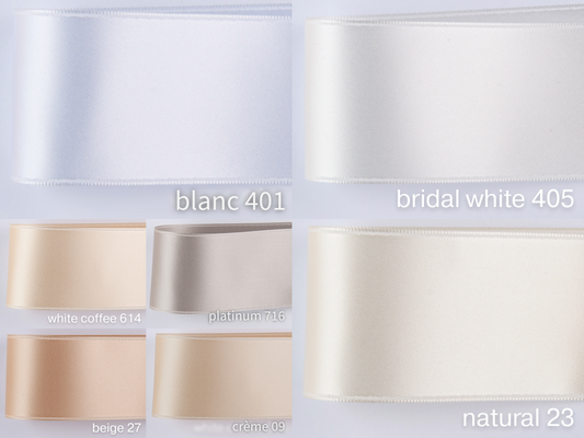 Doubleface satin ribbon in Swiss quality - 25 meter roll. 100 colors with a delicate shimmering depth of color in 7 widths. Pollutant-free.