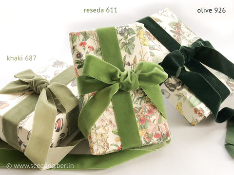 Samtband in Grün, Emerald und 72 Farben in 4 Breiten. Meterware in Schweizer Qualität zum Nähen, für Deko, Ostern, Weihnachten, Kränze, DIY