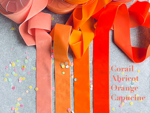 Ruban de velours en orange, abricot, corail et 72 couleurs. 4 largeurs en qualité suisse pour la couture, le bricolage, la décoration, DYI.