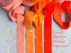 Swiss quality velvet ribbon. 4 shades of orange with a delicately shimmering depth of color in 7 widths. Free of harmful substances.