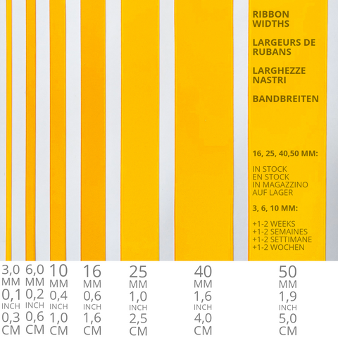 Satinband in Gold, Zitrone, Banane, Mais, Gold. 7 Breiten, 100 Farben zum Schneidern, Basteln, Dekorieren, Kränze binden. Schweizer Qualität