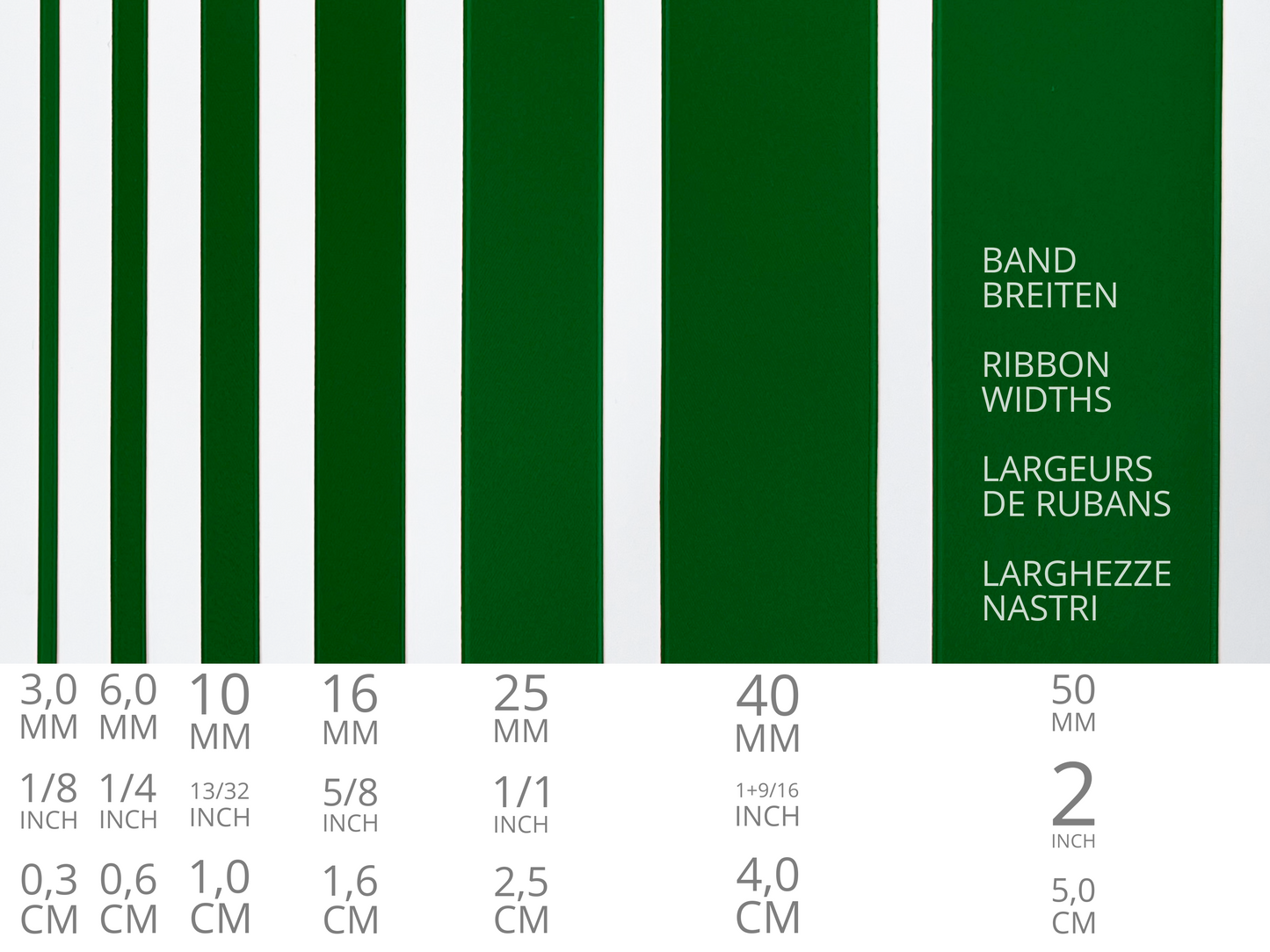 Doubleface Satinband in Schweizer Qualität. 13 dunkle Grüntöne mit zart schimmernder Farbtiefe in 7 Breiten. Schadstofffrei.