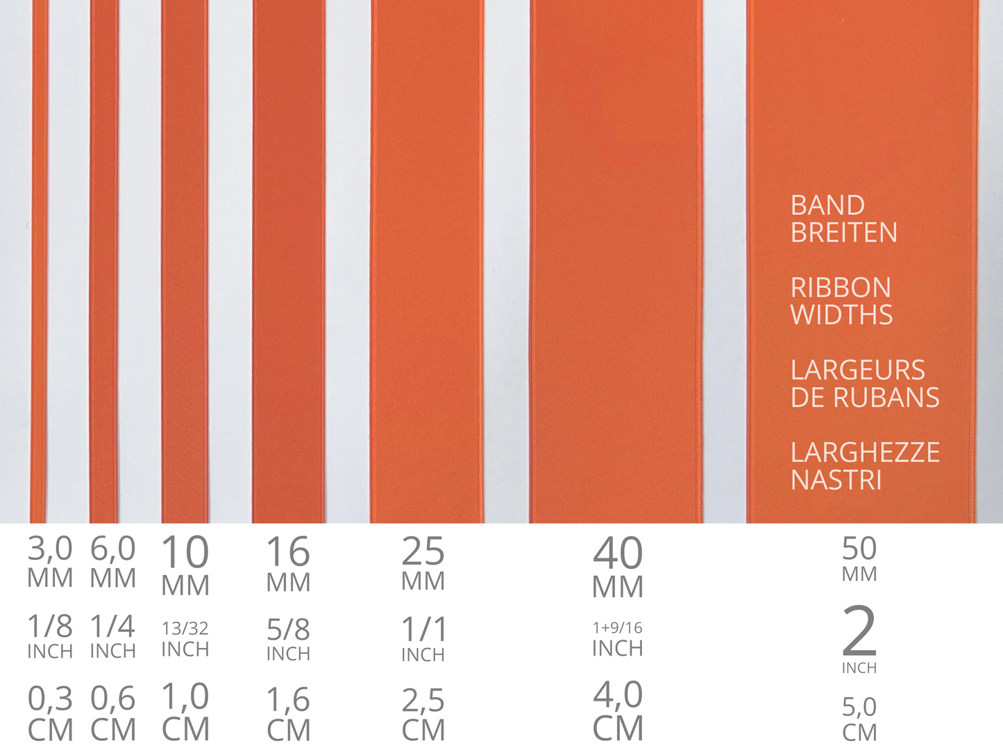 Doubleface Satinband in Schweizer Qualität. 7 Orangetöne mit zart schimmernder Farbtiefe in 7 Breiten. Schadstofffrei.