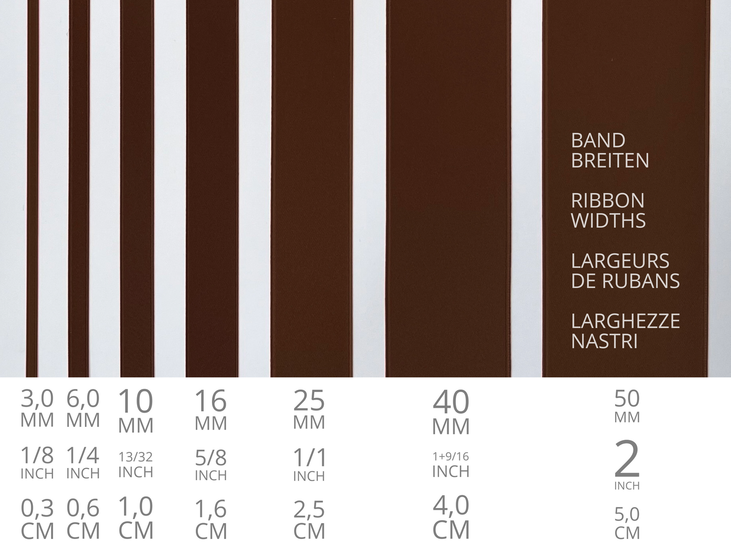 Doubleface satin ribbon in Swiss quality. 7 shades of brown with a delicate shimmering depth of color in 7 widths. Pollutant-free.
