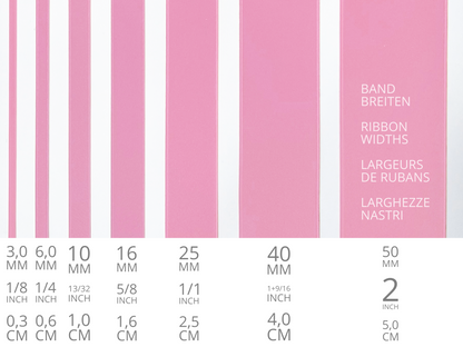 Doubleface Satinband in Schweizer Qualität. 13 Rosatöne mit zart schimmernder Farbtiefe in 7 Breiten. Schadstofffrei.