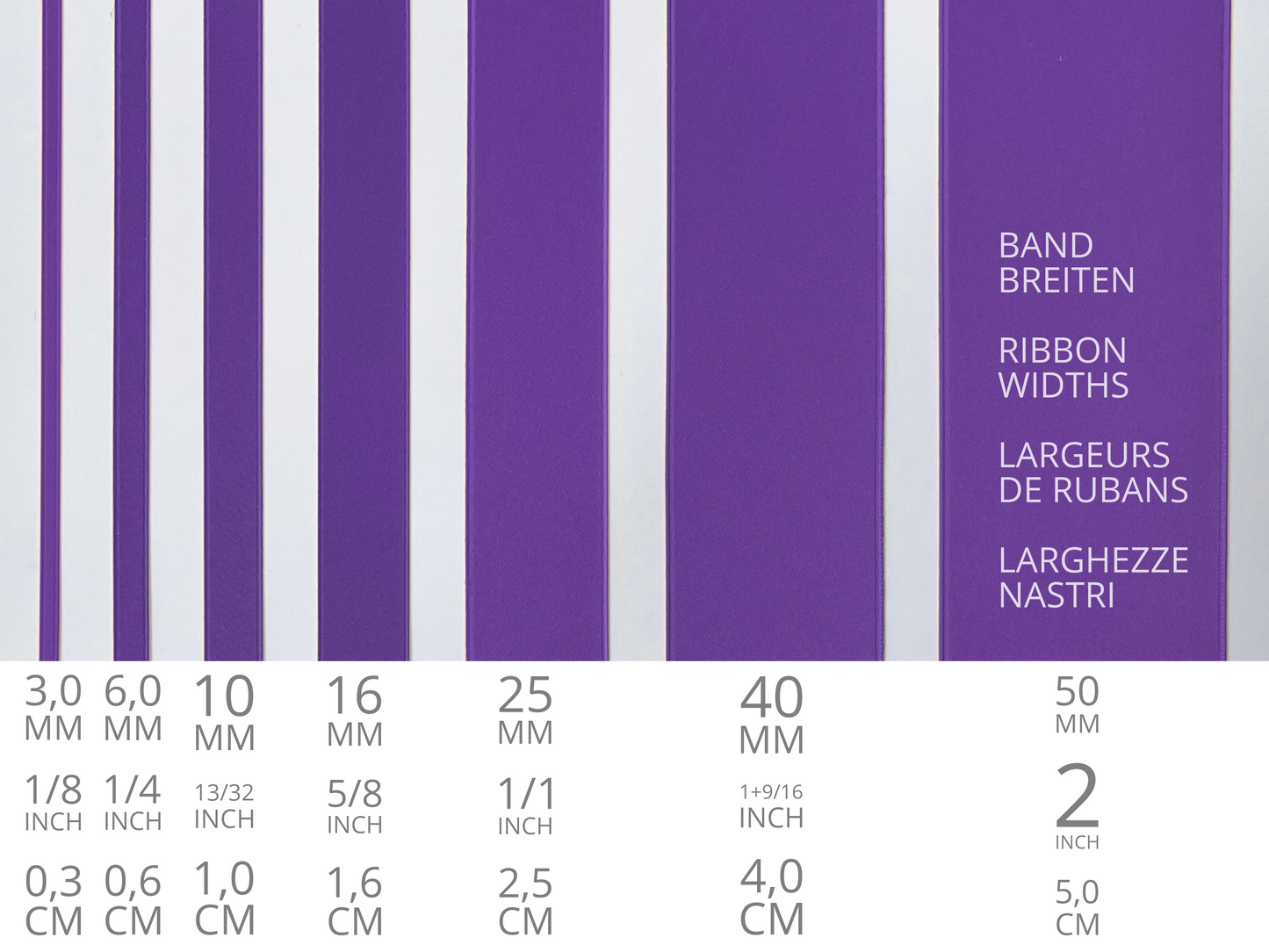 Nastro di raso double face di qualità svizzera. 13 tonalità di viola con una profondità di colore delicatamente scintillante in 7 larghezze. Privo di sostanze nocive.
