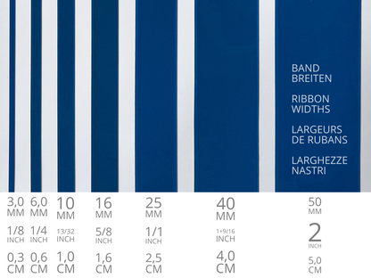 Doubleface Satinband in Schweizer Qualität. 10 dunkle Blautöne mit zart schimmernder Farbtiefe in 7 Breiten. Schadstofffrei.