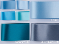 Doubleface satin ribbon in Swiss quality. 7 shades of light blue with a delicate shimmering depth of color in 7 widths. Pollutant-free.