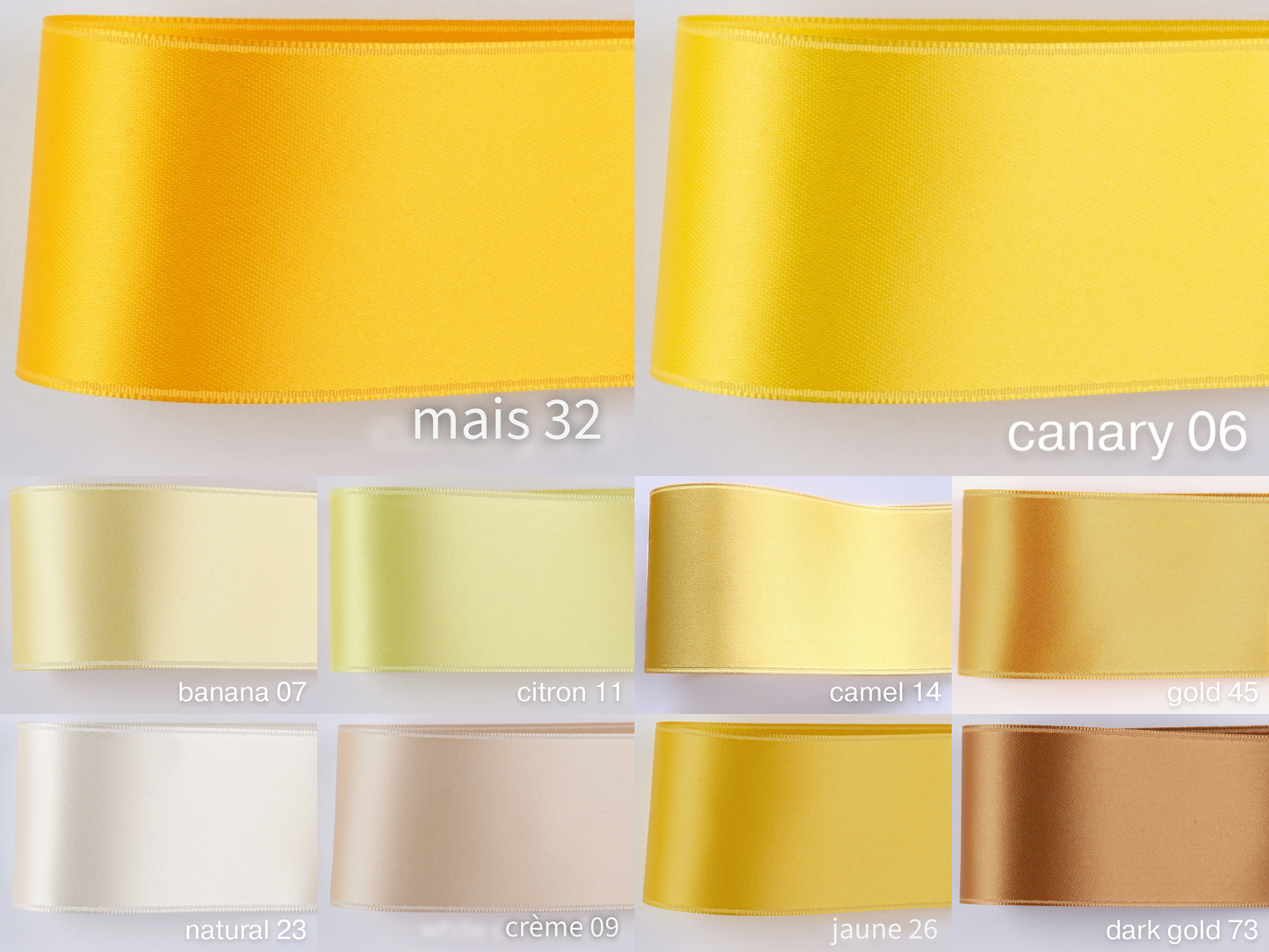 Doubleface satin ribbon in Swiss quality. 10 shades of yellow with a delicate shimmering depth of color in 7 widths. Pollutant-free.