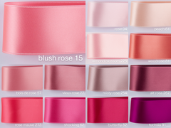 Ruban satin double face de qualité suisse. 13 nuances de rose avec une profondeur de couleur délicatement chatoyante en 7 largeurs. Sans substances nocives.