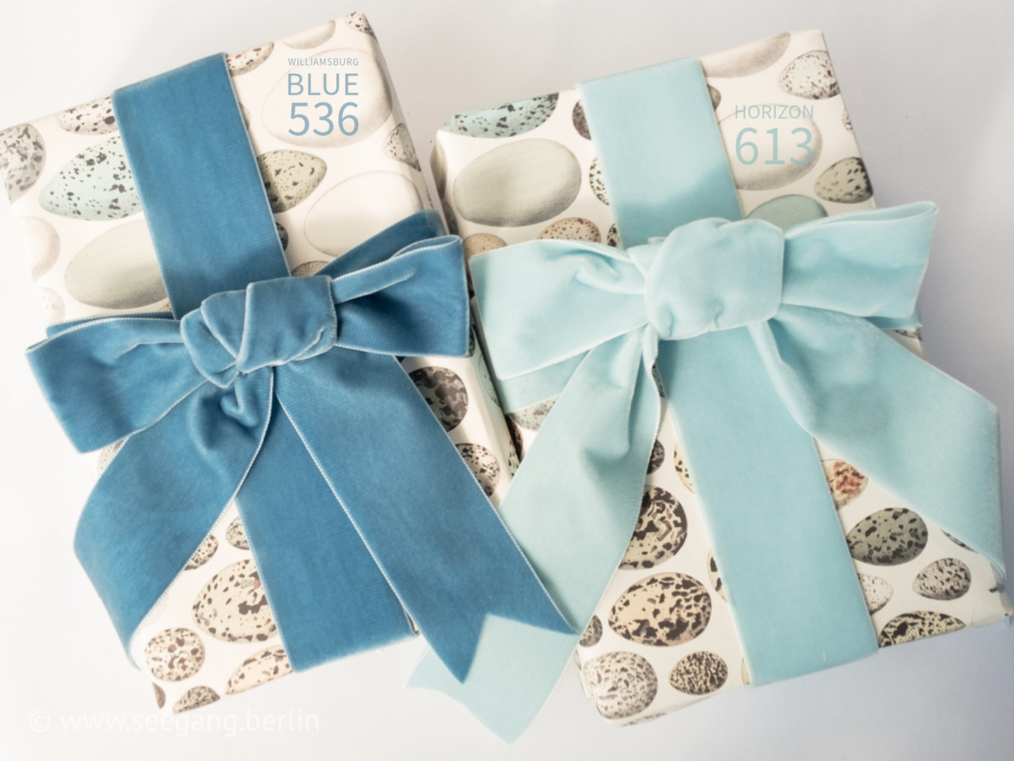 Swiss quality velvet ribbon. 7 light blue tones with delicately shimmering depth of color in 7 widths. Free of harmful substances.