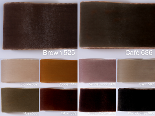 Swiss quality velvet ribbon. 10 shades of brown with delicately shimmering depth of color in 7 widths. Free of harmful substances.