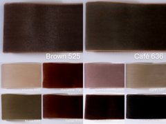 Swiss quality velvet ribbon. 10 shades of brown with delicately shimmering depth of color in 7 widths. Free of harmful substances.