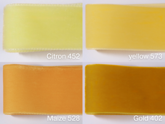 Edles Samtband in Schweizer Qualität. 4 Gelbtöne mit zart schimmernder Farbtiefe in 4 Breiten. Schadstofffrei