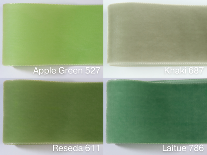 Nastro di velluto di qualità svizzera. 4 tonalità di verde chiaro con profondità di colore delicatamente scintillante in 7 larghezze. Privo di sostanze nocive.