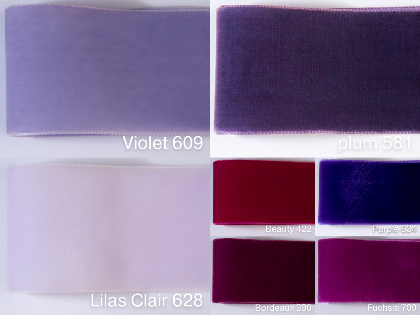 Nastro di velluto di qualità svizzera. 7 tonalità di viola con una profondità di colore delicatamente scintillante in 7 larghezze. Privo di sostanze nocive.