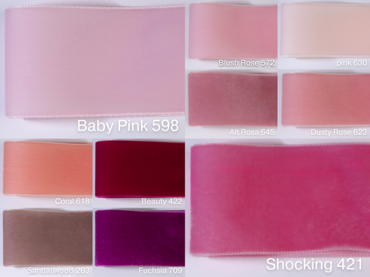 Edles Samtband in Schweizer Qualität. 10 Rosa- und Pinktöne mit zart schimmernder Farbtiefe in 4 Breiten. Schadstofffrei