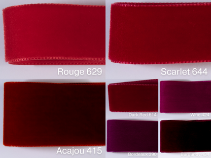 Swiss quality velvet ribbon. 7 shades of red with delicately shimmering depth of color in 7 widths. Free of harmful substances.