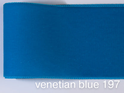 Swiss quality velvet ribbon. 7 light blue tones with delicately shimmering depth of color in 7 widths. Free of harmful substances.