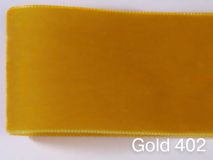 Swiss quality velvet ribbon. 4 shades of yellow with delicately shimmering depth of color in 7 widths. Free of harmful substances.