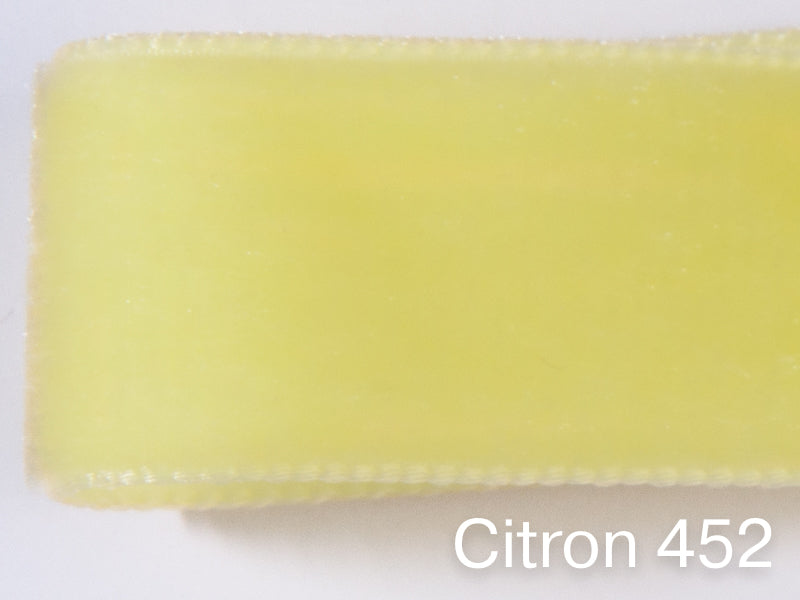 Swiss quality velvet ribbon. 4 shades of yellow with delicately shimmering depth of color in 7 widths. Free of harmful substances.