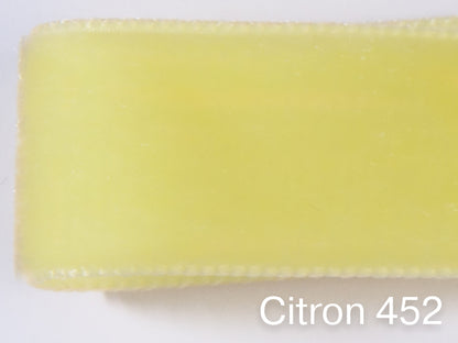 Swiss quality velvet ribbon. 4 shades of yellow with delicately shimmering depth of color in 7 widths. Free of harmful substances.
