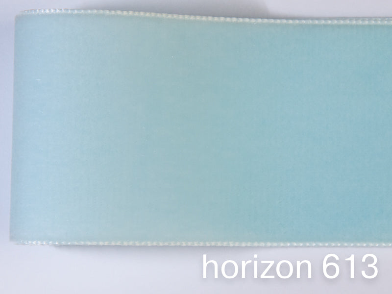 Swiss quality velvet ribbon. 7 light blue tones with delicately shimmering depth of color in 7 widths. Free of harmful substances.