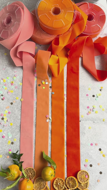 Swiss quality velvet ribbon. 4 shades of orange with a delicately shimmering depth of color in 7 widths. Free of harmful substances.