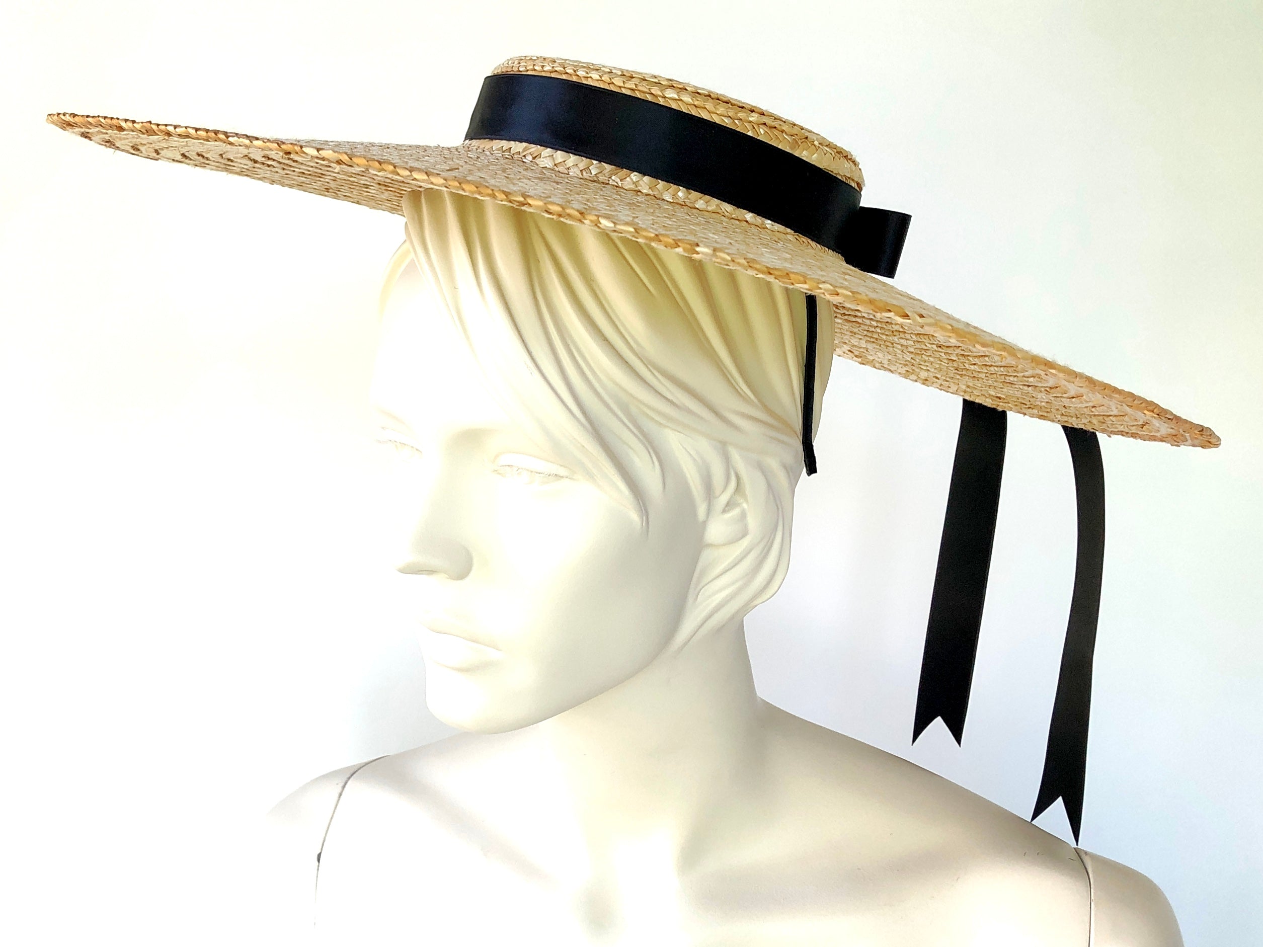 vintage straw hat 1940s 50s Beach Black Raffia Made In Italy 6 5/8