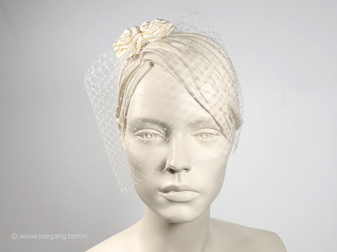 BIRDCAGE - BRIDAL VEIL HEADDRESS WITH ROSES IN SHADES OFF WHITE, CREME, IVORY AND CHAMPAGNE