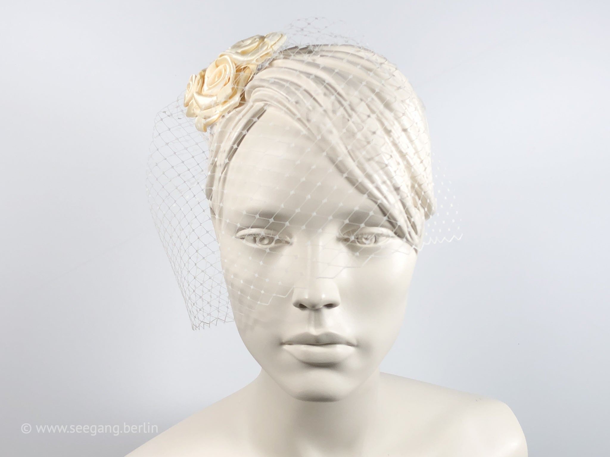 BIRDCAGE - BRIDAL VEIL HEADDRESS WITH ROSES IN SHADES OFF WHITE, CREME, IVORY AND CHAMPAGNE