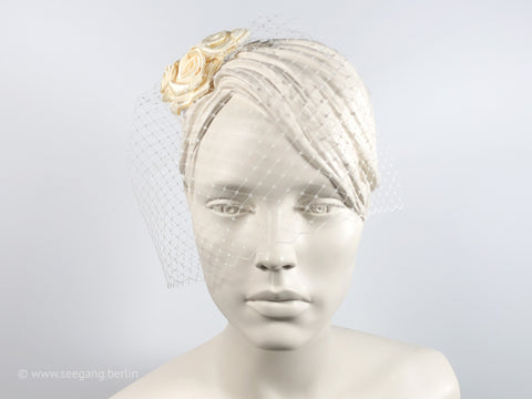 BIRDCAGE - BRIDAL VEIL HEADDRESS WITH ROSES IN SHADES OF WHITE, CREME, IVORY AND CHAMPAGNE