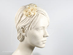 BIRDCAGE - BRIDAL VEIL HEADDRESS WITH ROSES IN SHADES OFF WHITE, CREME, IVORY AND CHAMPAGNE