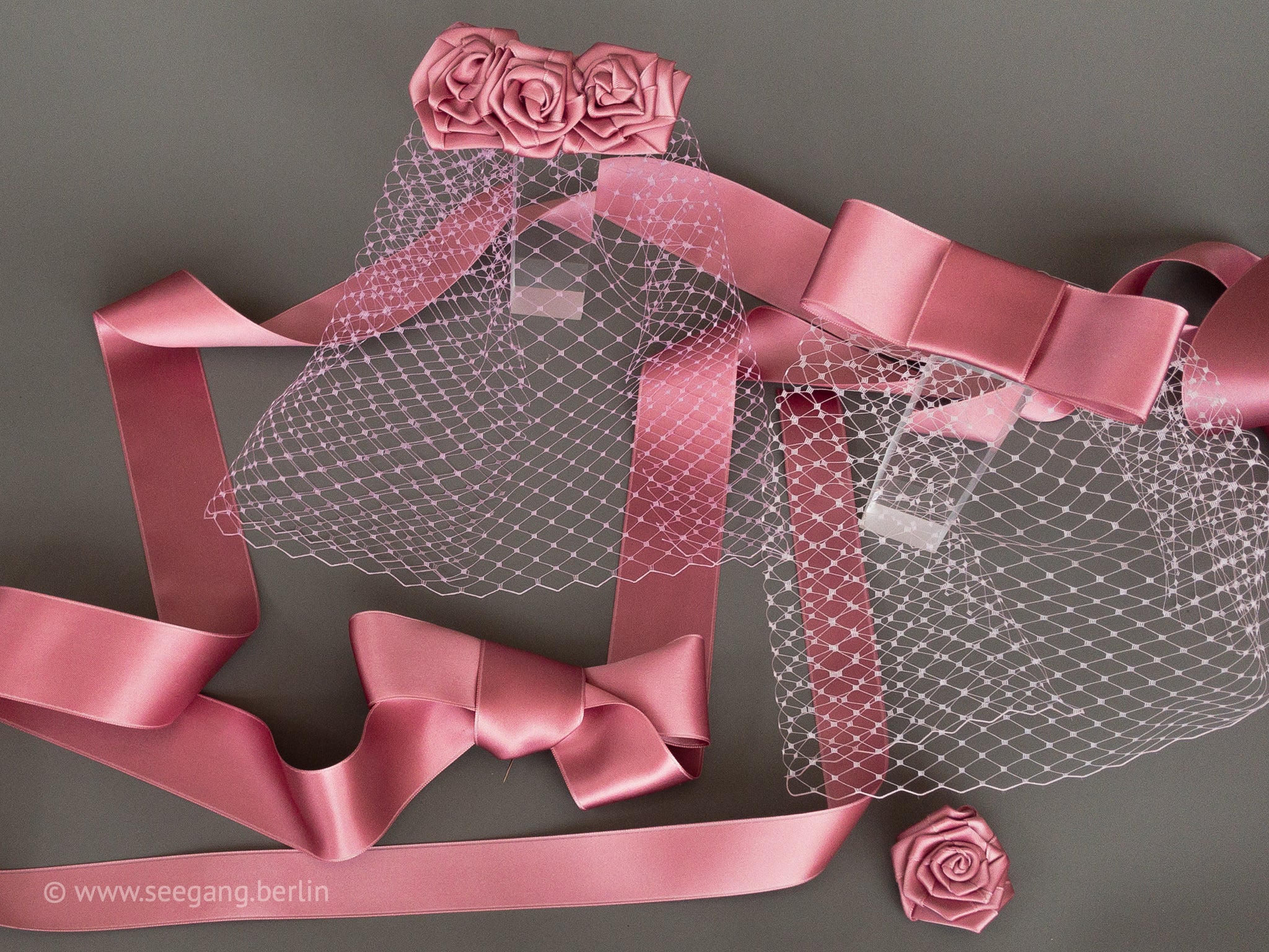 BIRDCAGE - VEIL HEADDRESS WITH ROSES IN SHADES OF PINK, DUSTY ROSE, BLUSH, OR ALMOND BLOSSOM