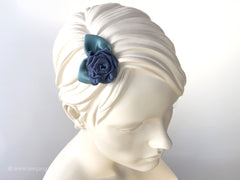 Something Blue: Hair Flower Fascinator with roses in dusty blue tones, leaves in sage green.