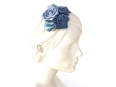 Something Blue: Hair Flower Fascinator with roses in dusty blue tones, leaves in sage green.