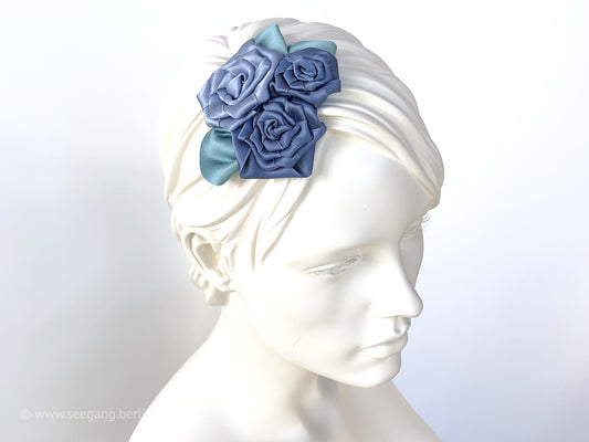 Something Blue: Hair Flower Fascinator with roses in dusty blue tones, leaves in sage green.