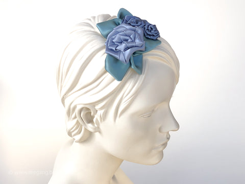 Something Blue: Hair Flower Fascinator with roses in dusty blue tones, leaves in sage green.