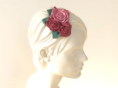 Fascinator Hair flowers with Roses with dusty pink and green leaves.