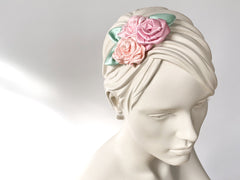 Fascinator, Hair flowers with roses in sorbet colors and mint colored leaves. Fresh!