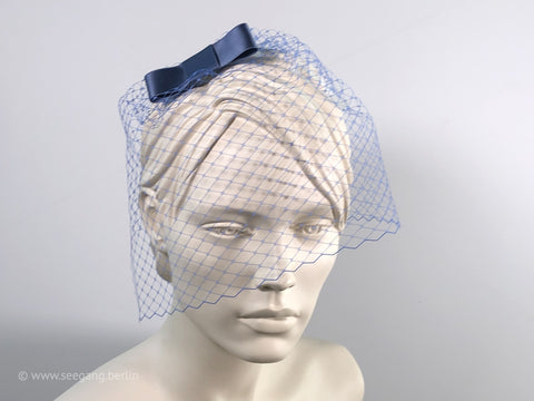BIRDCAGE - VEIL HEADDRESS WITH A BOW IN BLUE SHADES DARK BLUE, PIGEON, PETROL AND PURPLE