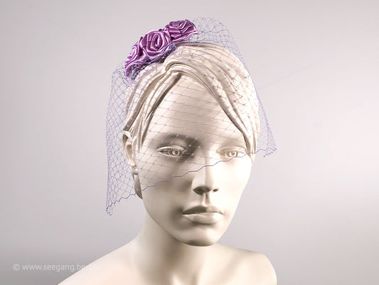 BIRDCAGE - VEIL HEADDRESS WITH ROSES IN SHADES OF PURPLE FROM LIGHT LAVENDER TO LILAC AND MAUVE