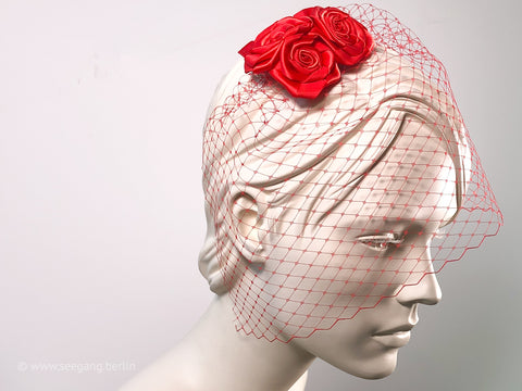 BIRDCAGE - VEIL HEADDRESS WITH ROSES IN CARDINAL VALENTINES RED