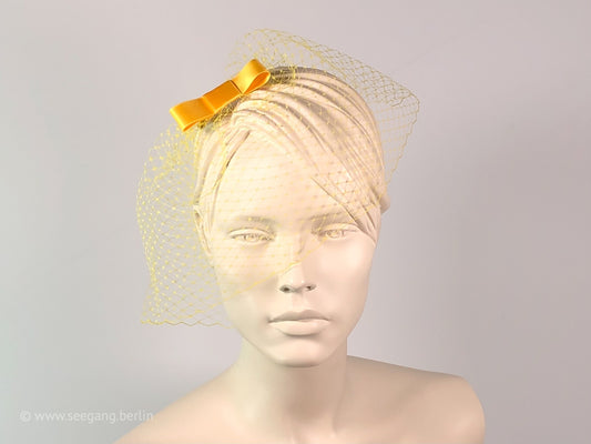 BIRDCAGE - VEIL HEADDRESS WITH A BOW IN SHADES LIKE MELLOW YELLOW, BRIGHT AND MUSTARD YELLOW