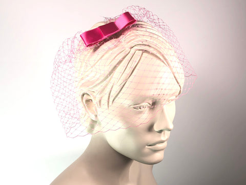 BIRDCAGE - VEIL HEADDRESS WITH BOW IN MANY SHADES OF PINK, LIKE CINNAMON ROSE, PEACH,  MISTY ROSE OR ALMOND BLOSSOM