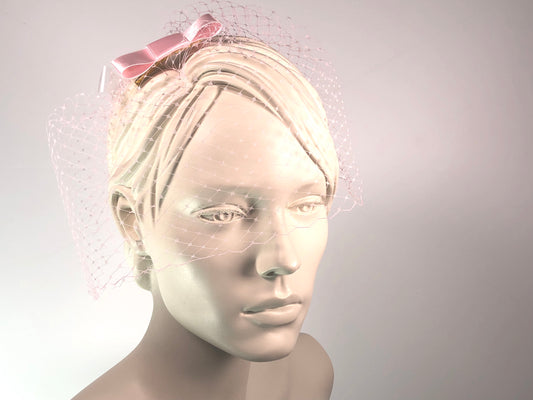 BIRDCAGE - VEIL HEADDRESS WITH BOW IN MANY SHADES OF PINK, LIKE CINNAMON ROSE, PEACH,  MISTY ROSE OR ALMOND BLOSSOM