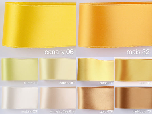 Satinband in Gelb. 100 Farben zum Schneidern, Basteln, Dekorieren und Kränze binden. Schweizer Qualität in den Breiten: 2,5 cm, 4 cm, 5 cm