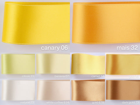 Satin ribbon, Yellow and 100 colors for tailoring, crafts, decorating, floristry, wreaths. Swiss quality! Widths 1 inch, 1.6 inch, 2 inch.