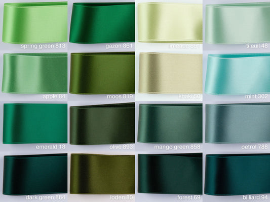 Satinband Grün, Emerald, Jade, Aqua Töne. Breiten 25, 40, 50 mm. 100 Farben, Schweizer Qualität. Schneiderei, Geschenke, Ostern, Kränze. DIY