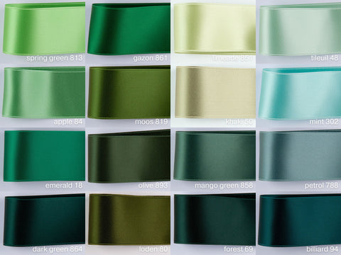 Satin ribbon in green, jade, turquoise, aqua, emerald and 100 colours in swiss quality. Widths: 2.5, 4, 5 cm. For tailoring, easter wreaths.